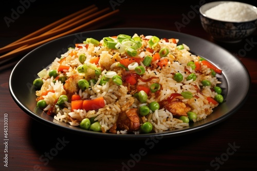 A plate of rice and vegetables with chopsticks. Fictional image.