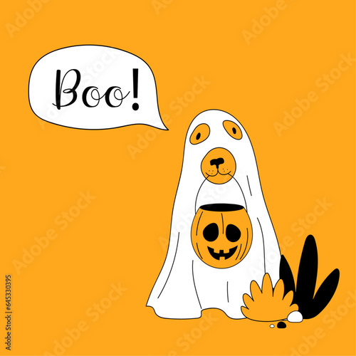 Vector Halloween poster with a dog dressed like a ghost holding jack o lantern a Boo inscription.