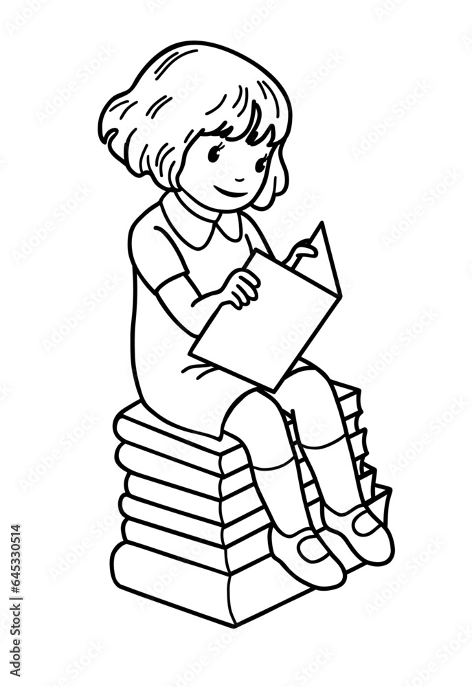 Hand-drawn coloring page with girl. Black and white images on white background. Hand-drawn coloring page with girl. Black and white images on white background.