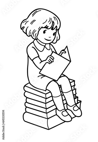 Hand-drawn coloring page with girl. Black and white images on white background.