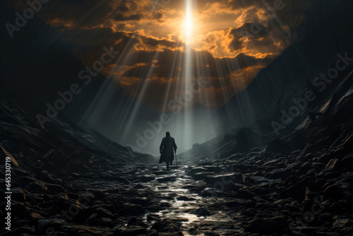 Obraz na płótnie A man walking through a dark valley toward the heavenly light trusting in God Ge