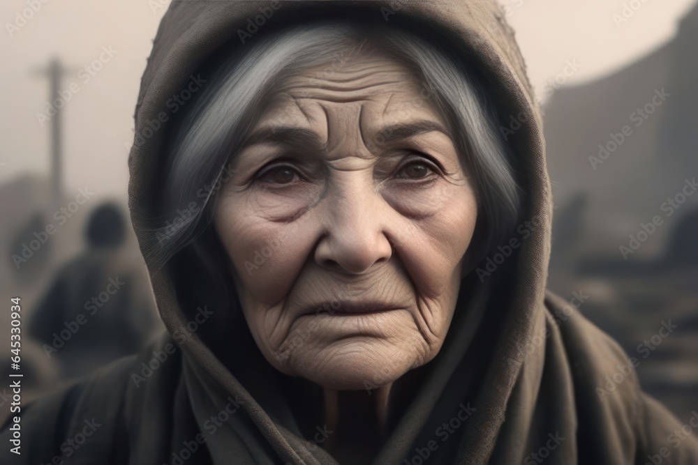 Old woman with wrinkles, scars and soot spots on her face. In dirty and worn clothes. Post-apocalyptic wasteland with devastation in the background in muted tones. Generative AI