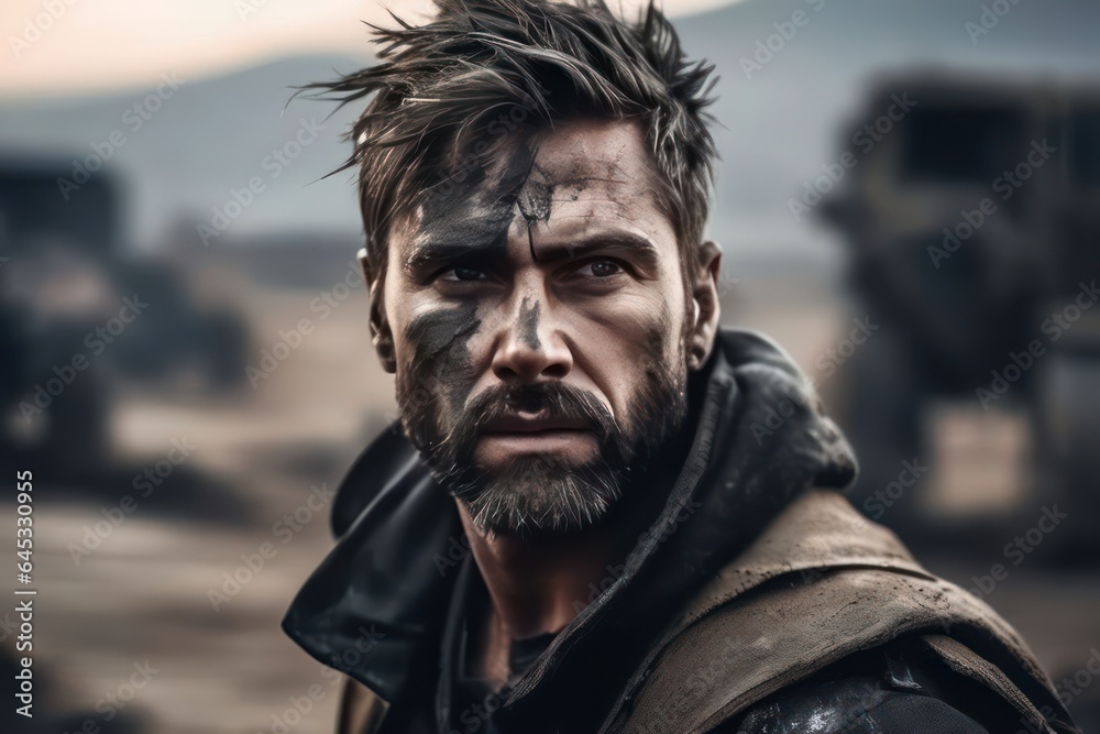 Brutal man with scars and soot spots on his face. In dirty and worn clothes. Post-apocalyptic wasteland with devastation in the background in muted tones. Generative AI Brutal man with scars and soot spots on his face. In dirty and worn clothes. Post-apocalyptic wasteland with devastation in the background in muted tones. Generative AI