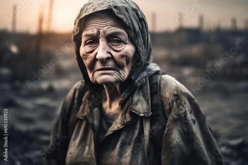 Old woman with wrinkles, scars and soot spots on her face. In dirty and worn clothes. Post-apocalyptic wasteland with devastation in the background in muted tones. Generative AI