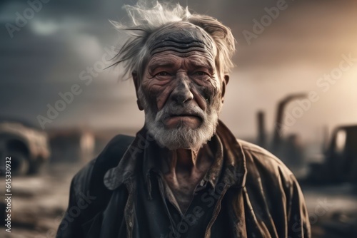 Old man with wrinkles, scars and soot spots on his face. In dirty and worn clothes. Post-apocalyptic wasteland with devastation in the background. Digital art in muted tones. Generative AI