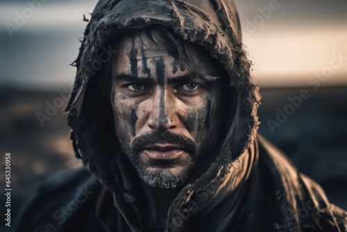 Brutal man with scars and soot spots on his face. In dirty and worn clothes. Post-apocalyptic wasteland with devastation in the background in muted tones. Generative AI