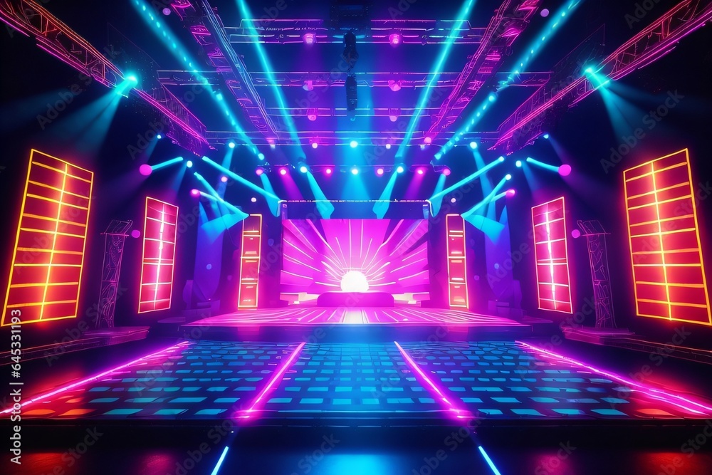 Background of empty stage show neon light and laser show made with Generative AI