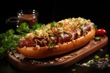 A hot dog with toppings on a cutting board. Fictional image. Bratwurst, German dish.