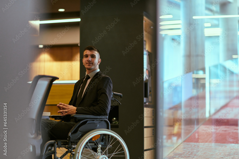 In a modern glass startup office, a wheelchair-bound director leads a successful meeting with colleagues, embodying inclusivity and teamwork. In a modern glass startup office, a wheelchair-bound director leads a successful meeting with colleagues, embodying inclusivity and teamwork.