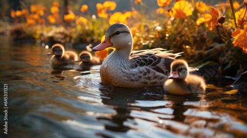 A mother duck and her ducklings swimming in a pond. Fictional image. Autumn season, orange leaves.
