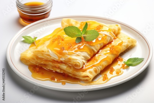 Classic Crepe Suzette A white plate topped with crepes covered in syrup. Fictional image.