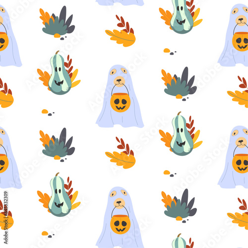 Cute seamless Halloween pattern with a ghost dog and a jack o lantern. Vector Halloween pattern.