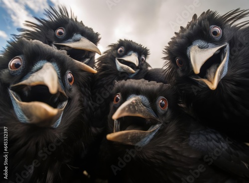 A group of crows looking at the camera © cherezoff
