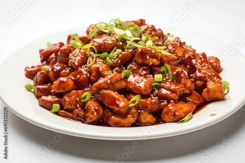 A white plate topped with meat covered in sauce. Fictional image. Kung Pao chicken dish.