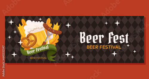Beer festival horizontal banner template. Design with glass of beer, pretzel and fork with sausage, wheat and leaves. Rhombus pattern on back