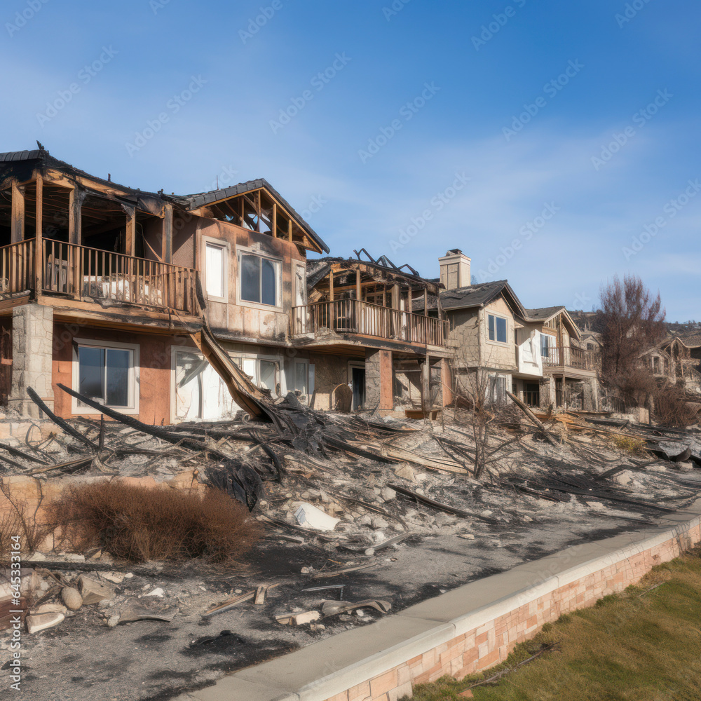Obraz premium lifestyle photo homes burned out by fire aftermath of blaze.