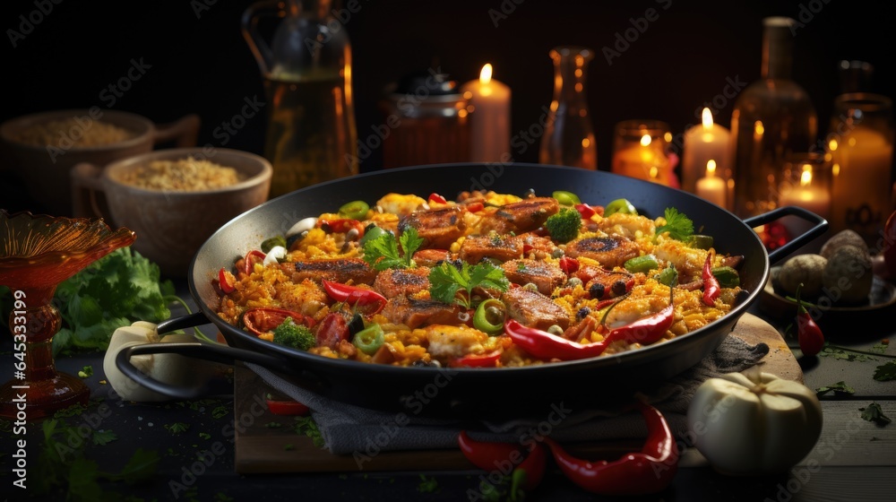 A pan filled with rice and vegetables next to candles. Fictional image.