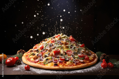 New Year's Eve and Christmas pizza concept background. Celebrating pizza in the form of a Christmas tree on black background. Background for restaurant or fast food restaurant new year poster, menu