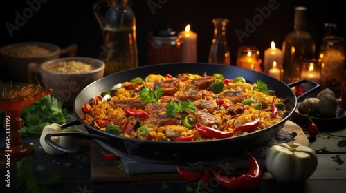 A pan filled with rice and vegetables next to candles. Fictional image.