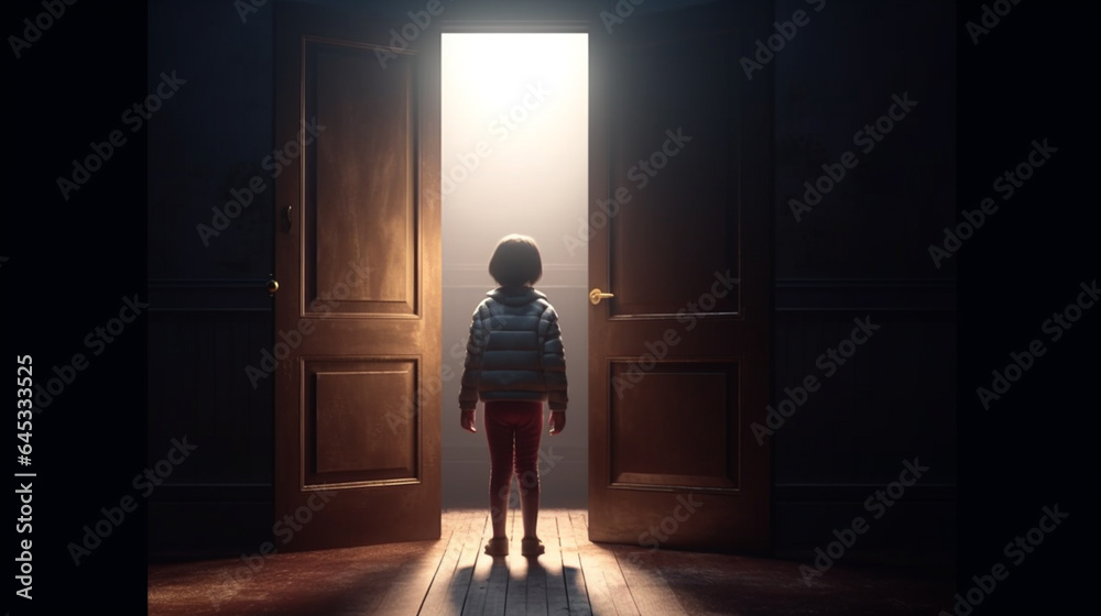 Little girl on steps leading from a dark basement to open the door