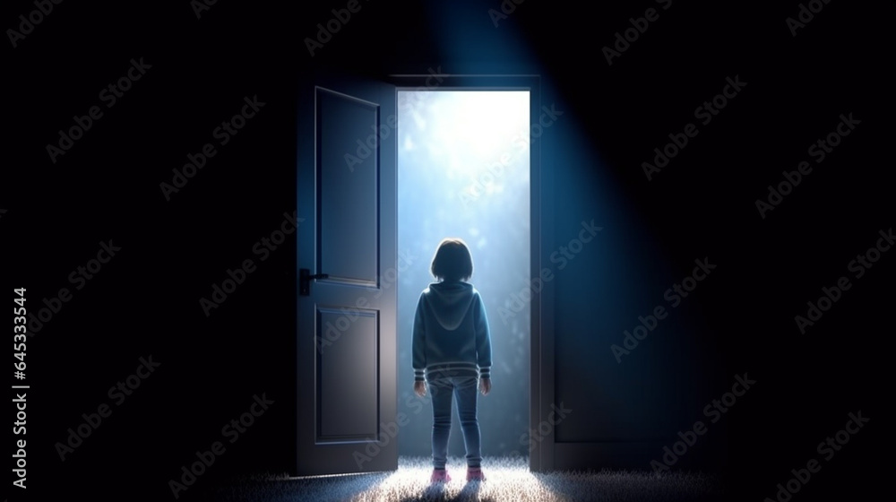 Young girl in dark room walking to the light