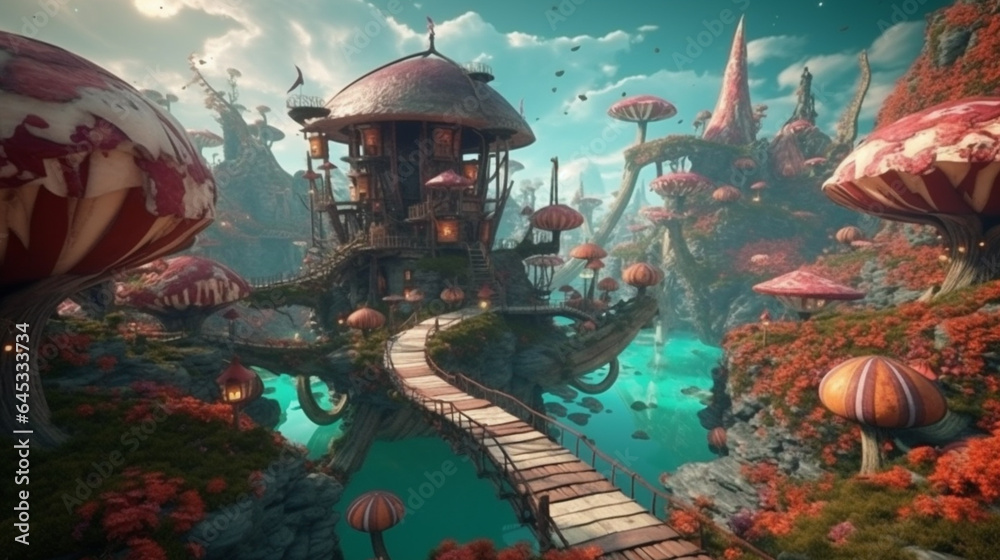 Fairytale Dreamland Fantasy Magical Fairy Tale Dream Forest with Tree House. beautiful fairy house