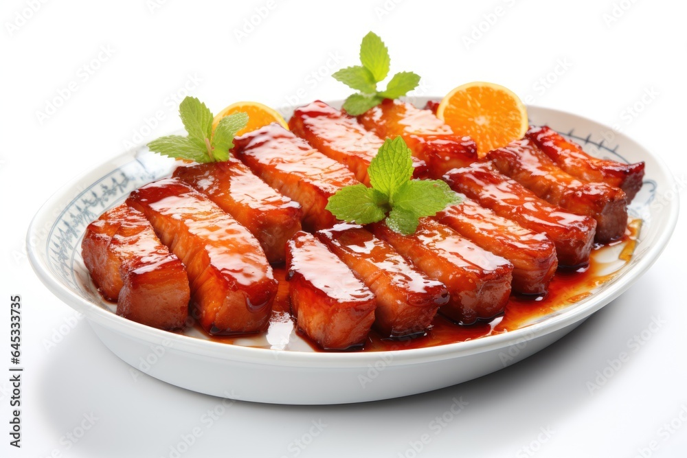 A white bowl filled with meat covered in sauce. Fictional image. Cantonese roasted pork. A white bowl filled with meat covered in sauce. Fictional image. Cantonese roasted pork.