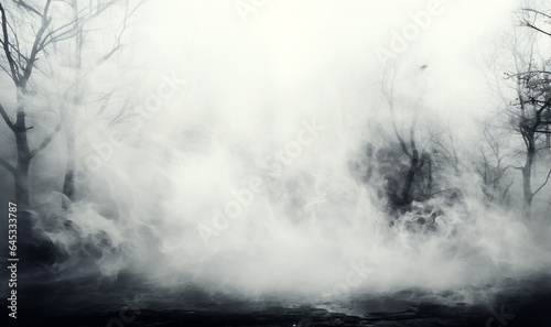 Dark scary mystery forest with mist. Gloomy dark scene with trees,Smoke, shadow. Abstract dark, horror background. Night view. with copy space