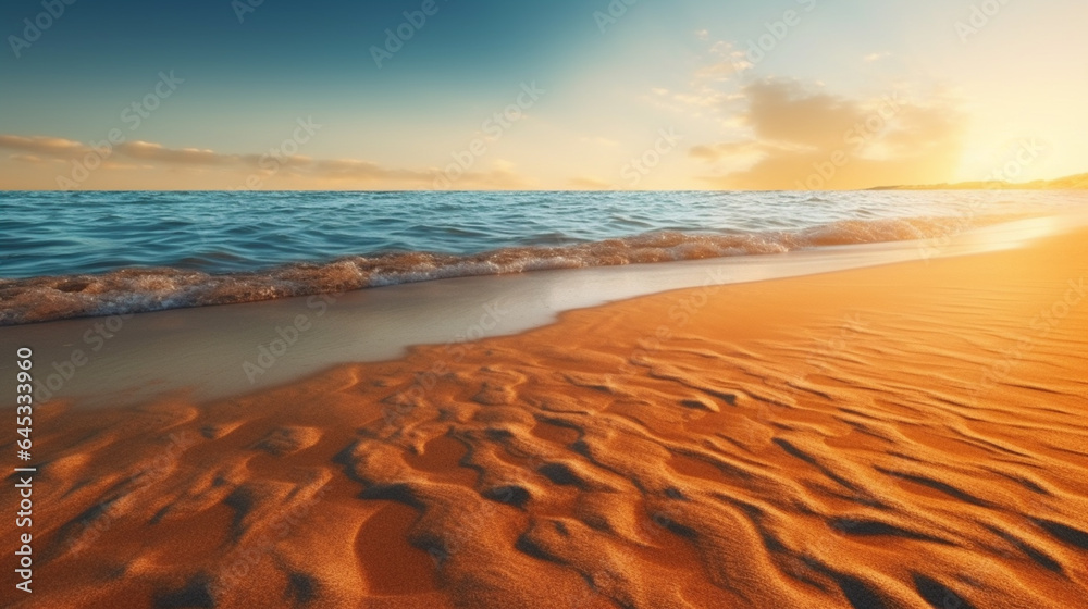 Closeup of sand on beach and blue summer sky. Panoramic beach landscape