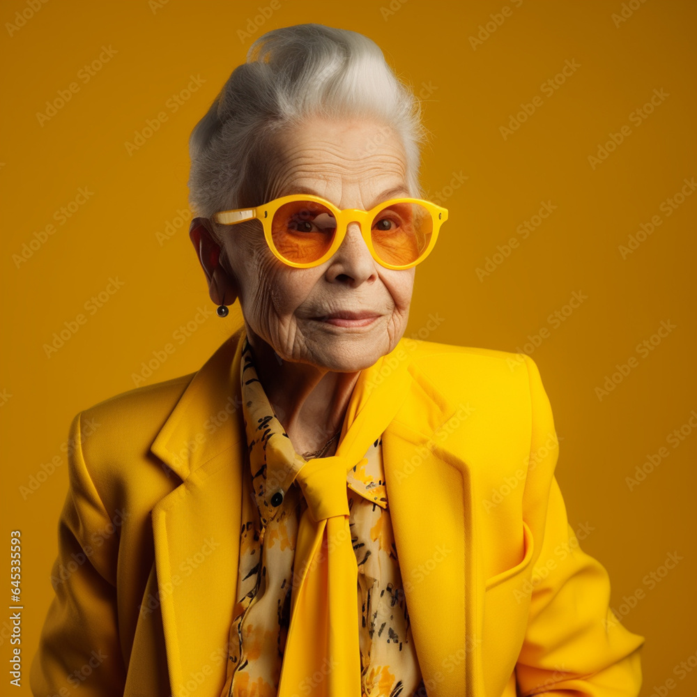 Old fashionable lady in yellow with glasses, studio commercial shot Old fashionable lady in yellow with glasses, studio commercial shot