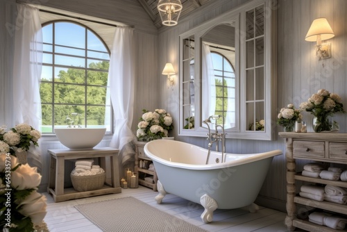 Interior design of Bathroom in Farmhouse style with window © Denis