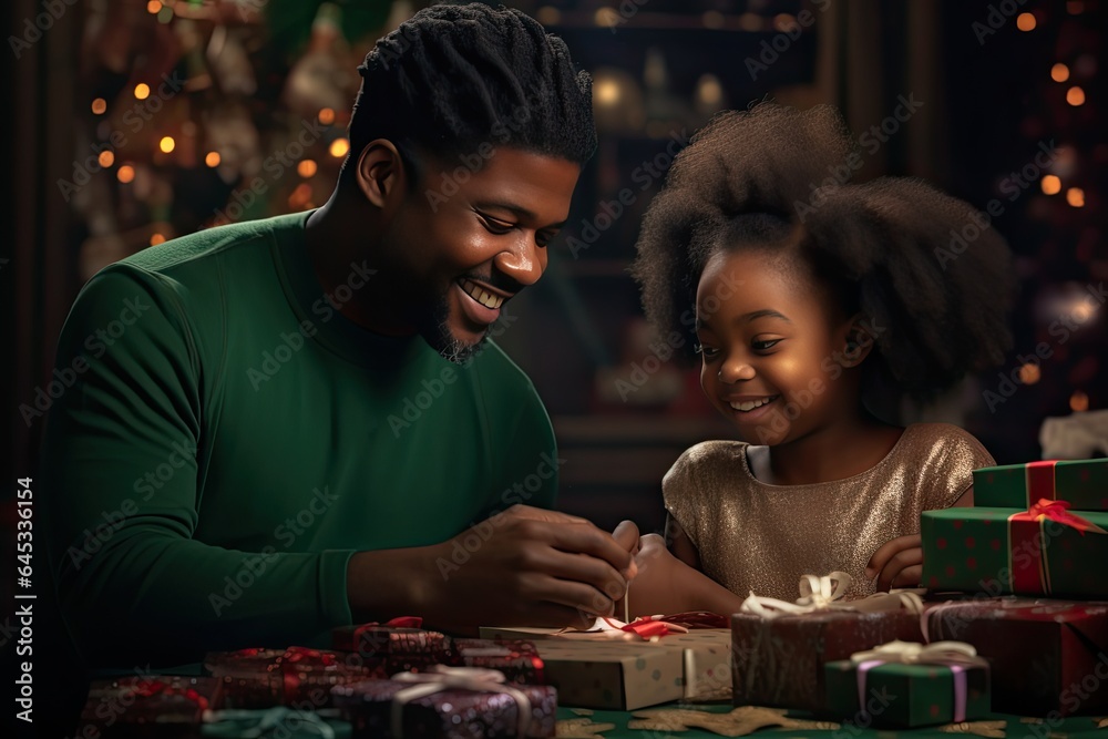 father and daughter opening presents on christmas morning, family concept, christmas concept.