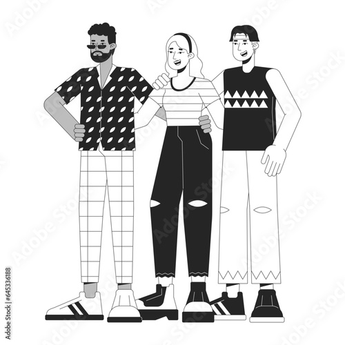 Friendship flat line black white vector characters. Happy multinational people. Hugging and support. Editable outline full body people. Simple cartoon isolated spot illustration for web graphic design