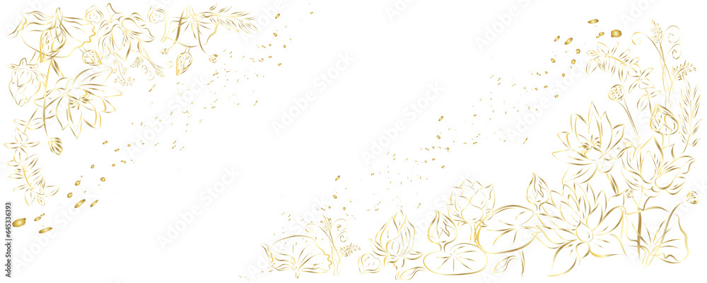 Golden botany banner.Japanese style  Hand drawn vector illustration. Line art style design. Concept traditional Asian holiday card. - obrazy, fototapety, plakaty 