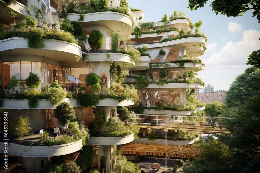 The city of the future with green gardens on the balcony