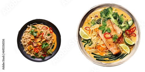 Healthy food consisting of noodles fish curry sauce and vegetables transparent background