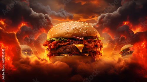 burger de l'enfer sur un fond enflammé et enfumé photo