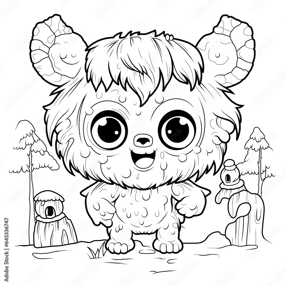 illustration, line drawing of cute monster, childish, coloring illustration, line drawing of cute monster, childish, coloring