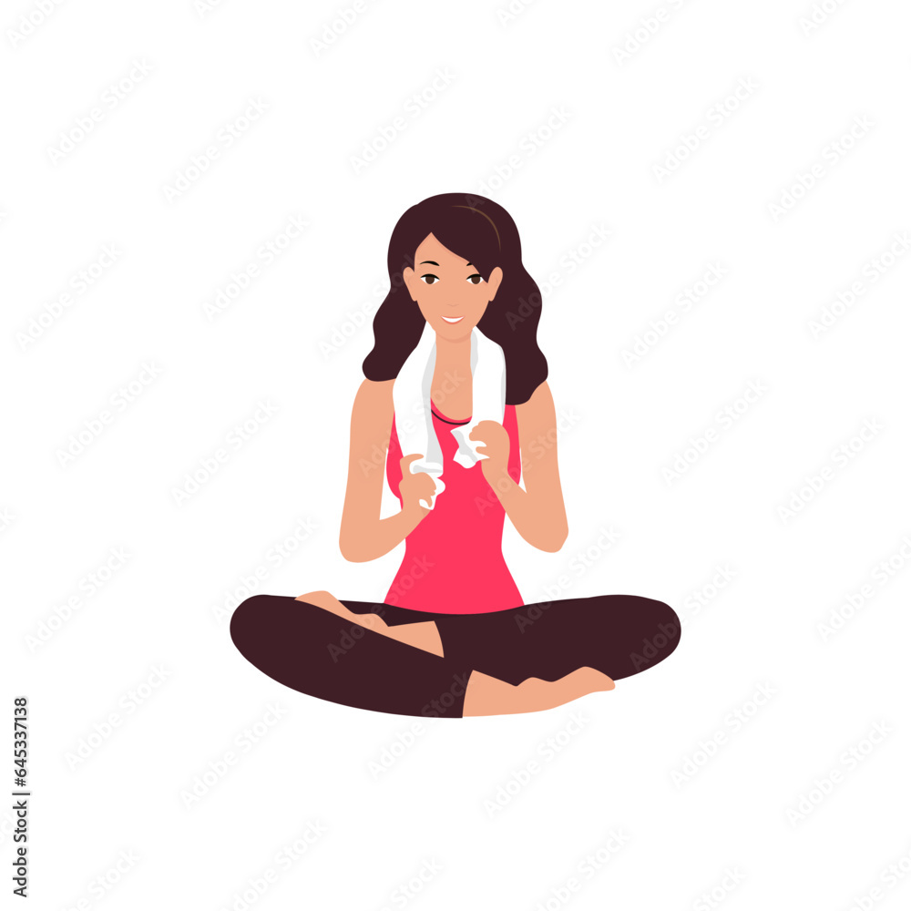 Woman in sport wear in lotus pose with a towel around her neck. Female in tights practicing yoga. Vector illustration isolated on white background Woman in sport wear in lotus pose with a towel around her neck. Female in tights practicing yoga. Vector illustration isolated on white background