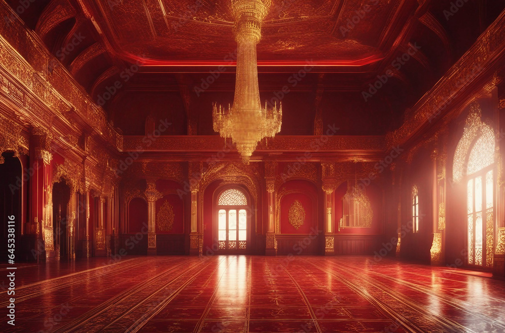 A realistic fantasy interior of the royal palace golden red palace. castle interior