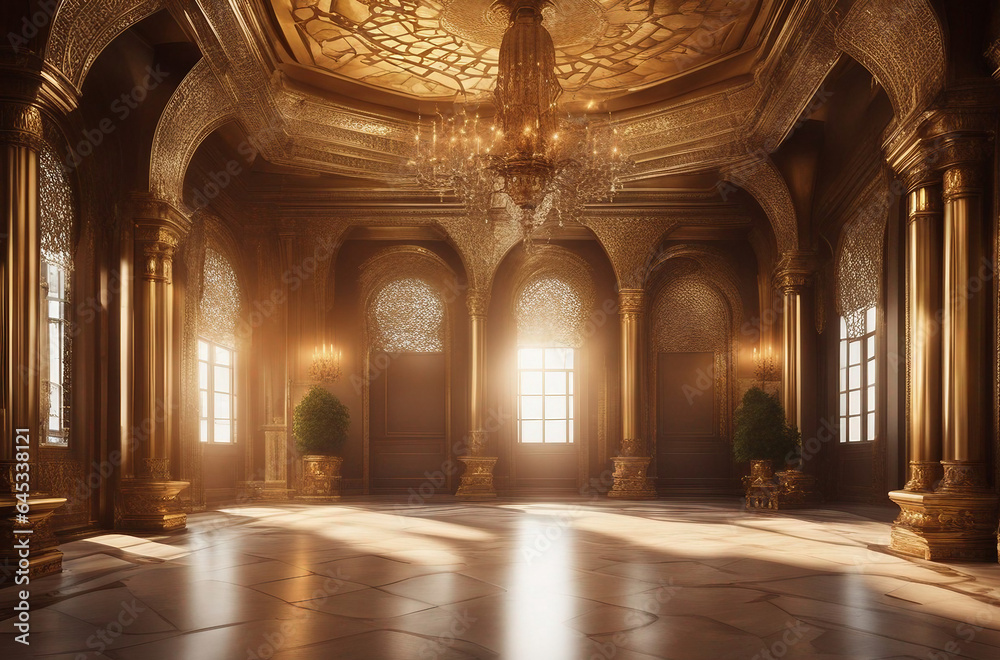 A realistic fantasy interior of the palace golden palace. castle interior. Fiction Backdrop