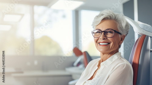 Cheerful mature woman wearing glasses and smiling while sitting in dental chair photo