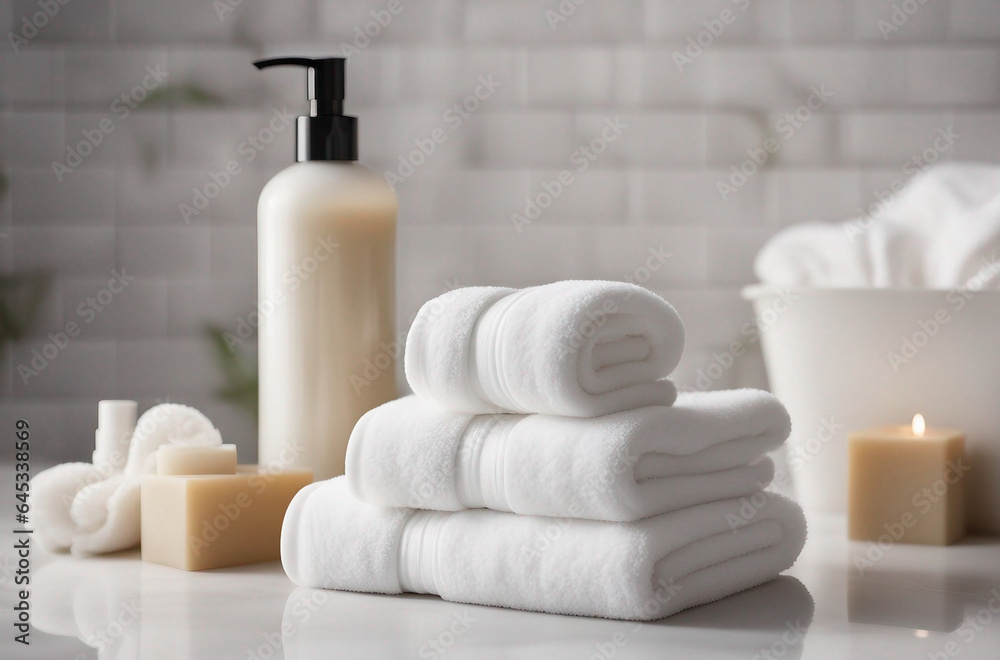 Toiletries, soap, and towel on blurred white bathroom spa background with copy space