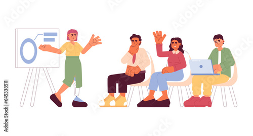 Diverse startup cartoon flat illustration. Female conference speaker with leg prosthesis, lecture business people 2D characters isolated on white background. Board meeting scene vector color image