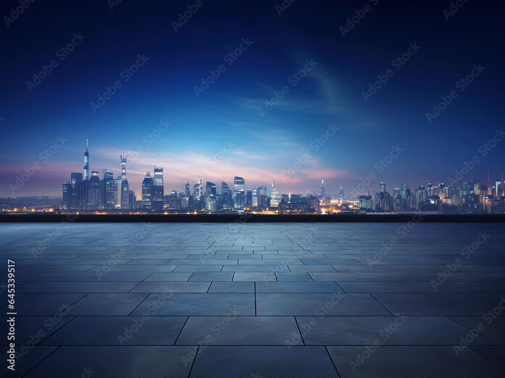 Perspective view of empty floor and modern rooftop building with cityscape scene