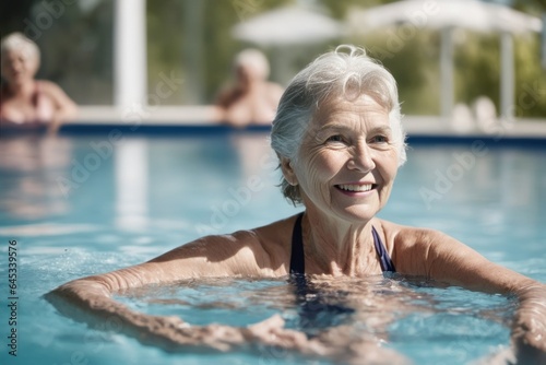 Active senior women enjoying aqua fit class in a pool, displaying joy and camaraderie, embodying a healthy, retired lifestyle © Cad3D.Expert