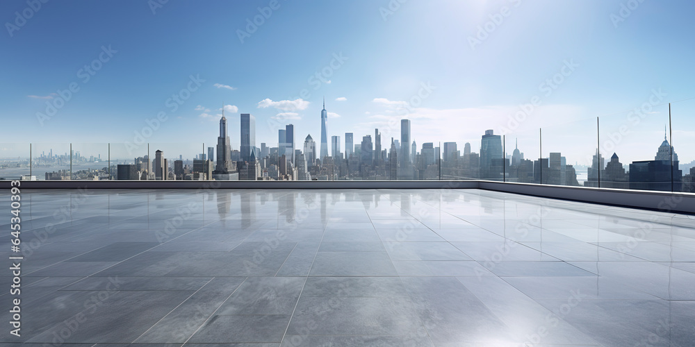 Perspective view of empty floor and modern rooftop building with cityscape scene