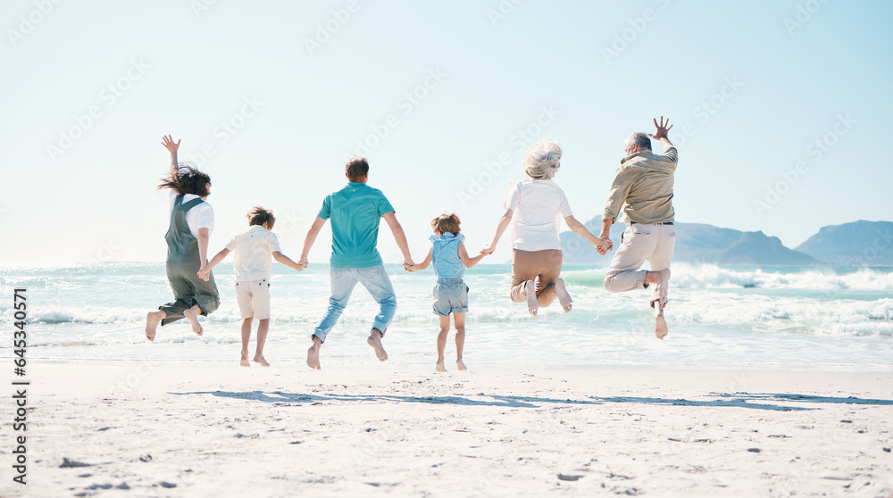 © Wesley/peopleimages.com - Jump, energy and holding hands with big family on the beach for support, summer vacation and travel. Freedom, health and love with people on seaside holiday for adventure, trust or happiness together © Wesley/peopleimages.com - Jump, energy and holding hands with big family on the beach for support, summer vacation and travel. Freedom, health and love with people on seaside holiday for adventure, trust or happiness together