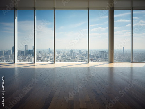 Modern empty interior space with big glass windows with cityscape view