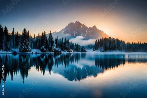 sunrise over the lake in mountains 